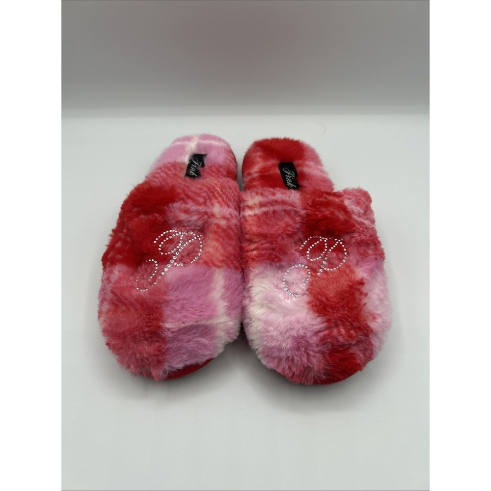 Victoria's Secret PINK Rhinestone Plaid Fuzzy Slippers Red Pink Small Size NWT